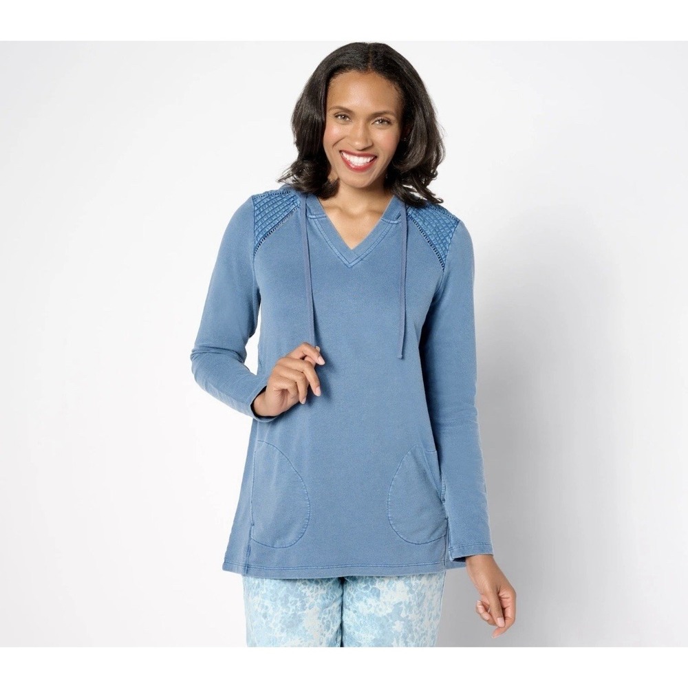 LOGO Life by Lori Goldstein Blue Hooded V-Neck‎ Tunic Top Size Small Pockets NWT